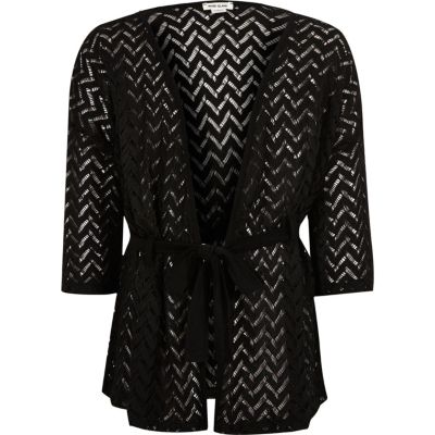 Girls black lace belted cardigan